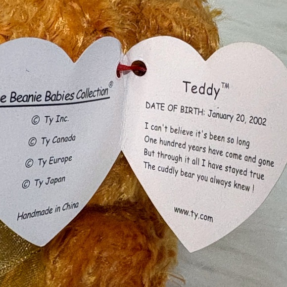 Ty Golden Brown Mohair like Teddy Beanie Baby with Ribbon and Medallion 100 Year - Picture 7 of 7